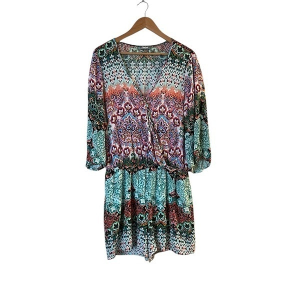 NEIMAN MARCUS jewel tones v-neck print bell sleeve romper, L